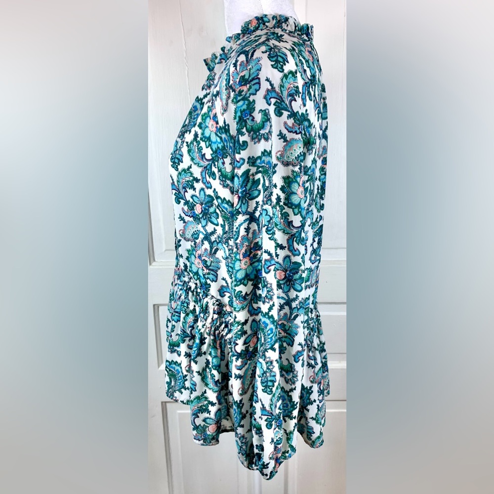 Loft Floral Paisley Ruffle Bottom Long-sleeved Blouse w/ String Tie - Picture 6 of 11